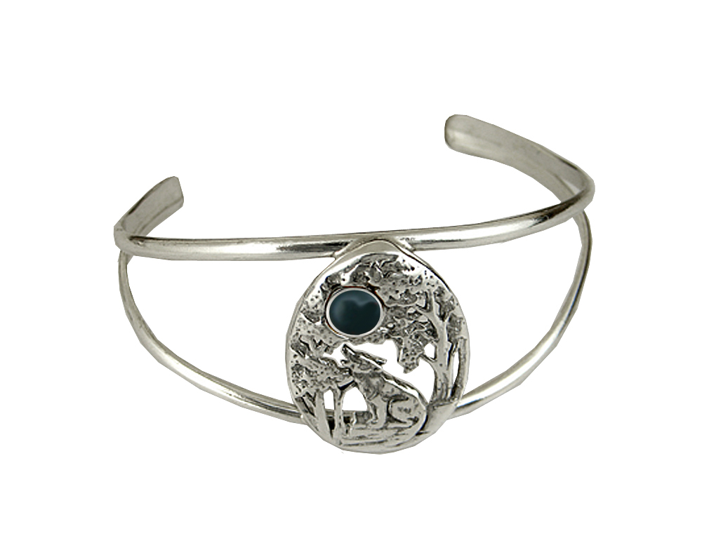 Sterling Silver Howling Wolf Cuff Bracelet With Bloodstone